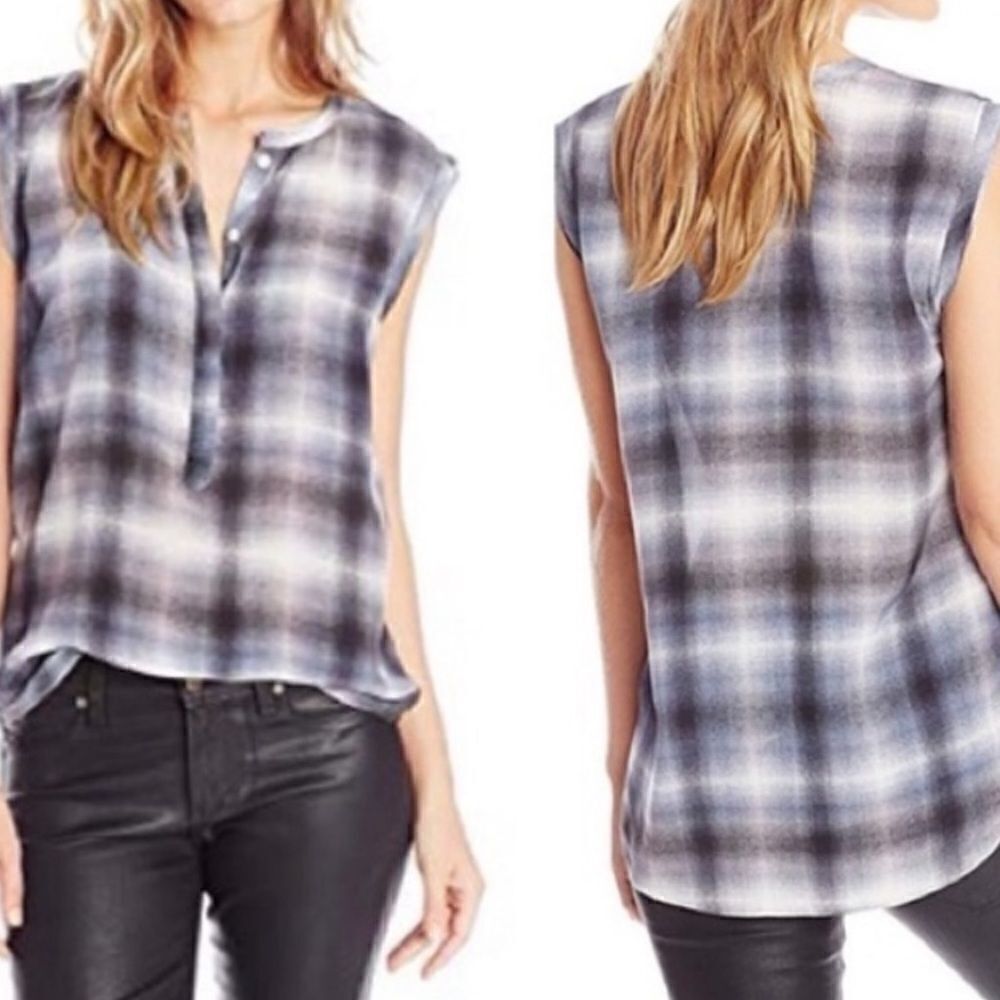 Rebecca Taylor Plaid Gray & White Silk Placket Top SIZE 0